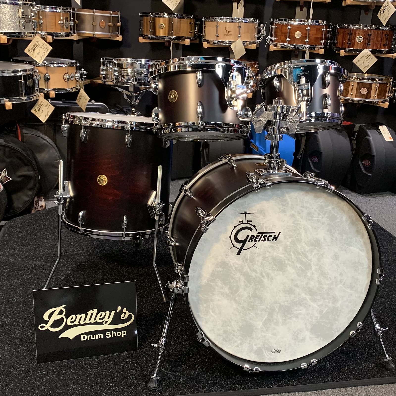 Gretsch USA Custom 4-Piece 10/12/16/22 Drum Kit Set in Satin Dark Chestnut Duco w/ Double-Tom Holder